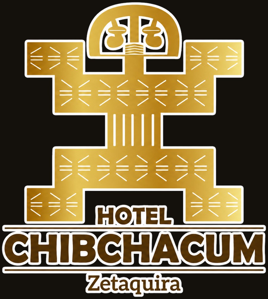 Logo del Hotel Chibchacum: figura muisca en oro sobre fondo oscuro